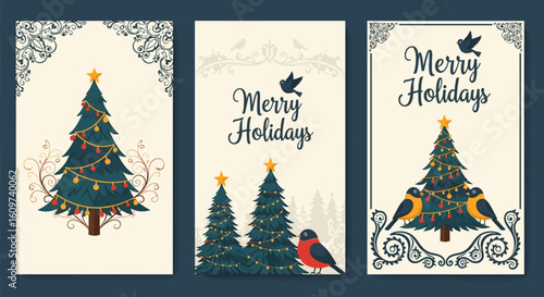 Festive Winter Greetings with Decorated Evergreens and Cheerful Birds, Celebrate the Season