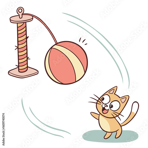 A playful cat chases a ball near a scratching post