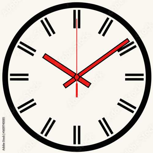 Vector illustration of a classic analog clock face with red hands pointing to approximately ten minutes past ten