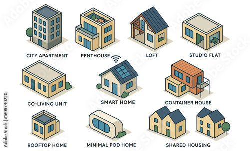 Diverse urban living spaces: modern housing options in isometric design