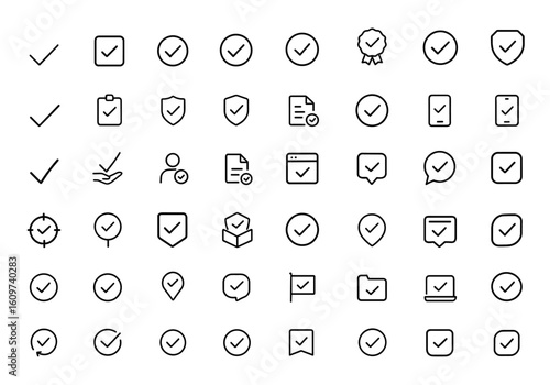 Line style check mark icon set for web and mobile apps. Quality approved ticks, inspector, approve icons, verification symbols, approval marks, vector illustration, confirmation, validation and more.