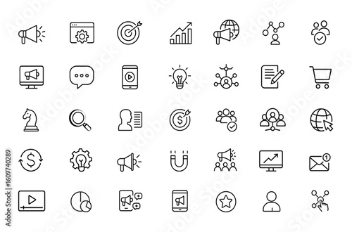 Marketing digital icon collection with editable stroke. Thin line marketing icons set. Vector illustration, business, online, social media, strategy, analytics, branding, SEO, technology, web