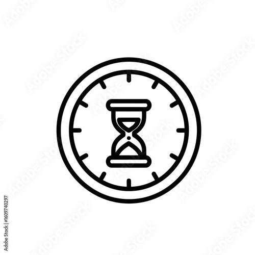 Vector illustration of a black line icon representing an hourglass inside a clock face, symbolizing time