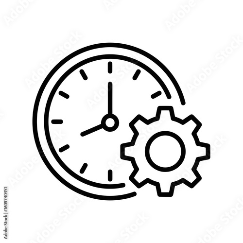 Vector illustration of a clock face with a gear next to it, symbolizing time management and mechanical processes