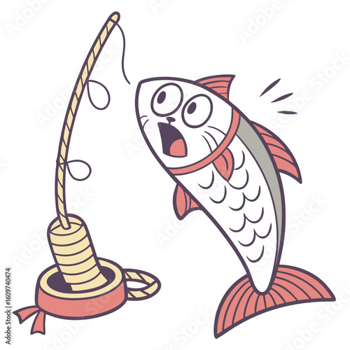 A surprised fish jumps towards a fishing hook with bait