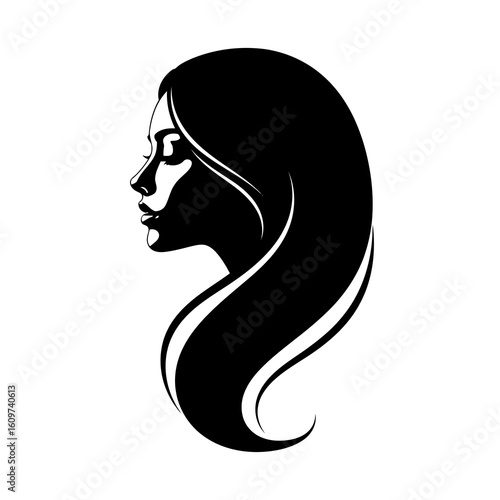Vector illustration of a striking black silhouette of a womans profile with flowing hair, isolated on a clean white background