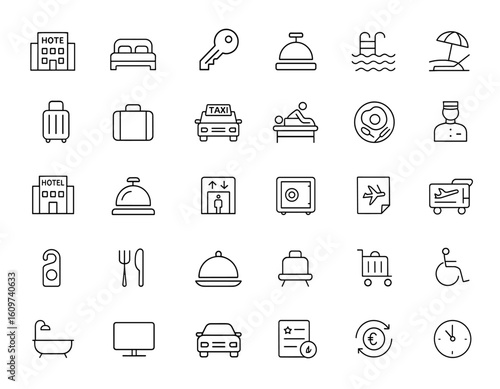 Line style hotel web icons set. Vector illustration of hotel, vacation, travel, relax, rest, recreational, and hotel services icons for mobile and web applications, hospitality, tourism, booking