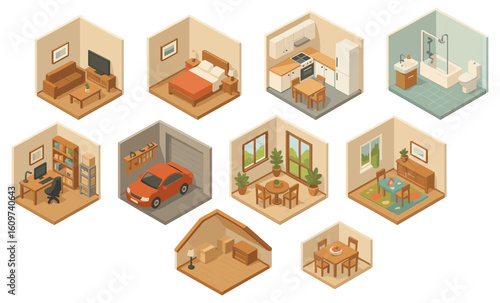Isometric home interior designs: cozy rooms, furniture, and decor