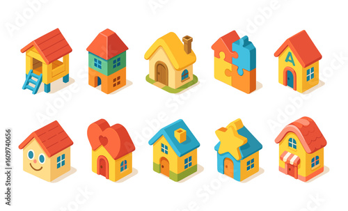 Charming isometric toy houses with playful designs for kids' projects