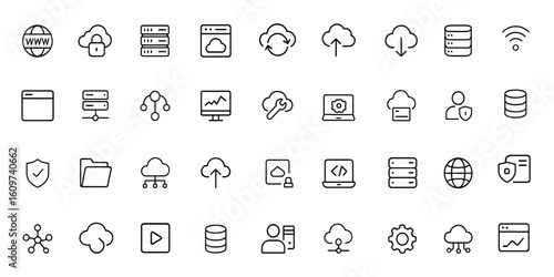 Cloud computing and web hosting icons set in linear style. Includes domain, server, website, webspace, data exchange, traffic, service icons for mobile and web apps, vector, illustration