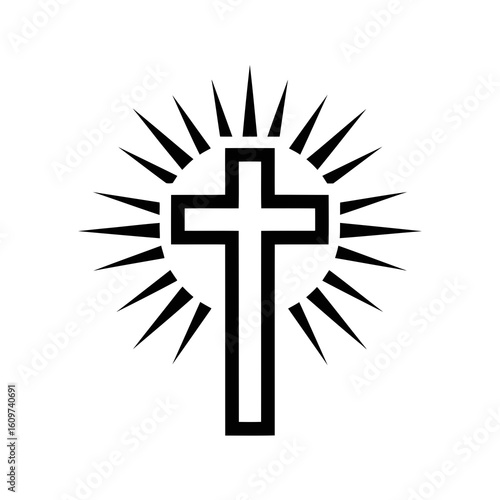 Vector illustration of a bold black outline of a christian cross surrounded by a sunburst, representing faith and divine light
