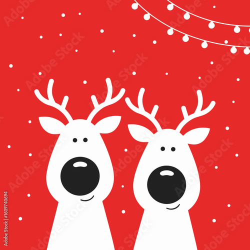 Vector illustration of two cute cartoon reindeer with antlers and red noses on a red background with snow and lights