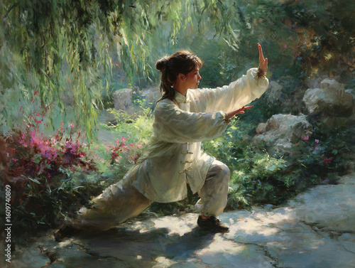 A woman practicing tai chi in a serene garden