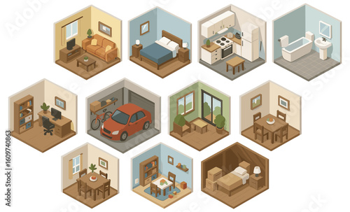 Isometric home interiors collection featuring cozy rooms and essential furnishings