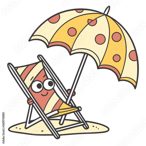 A happy character relaxes in a deck chair under a polka dot umbrella