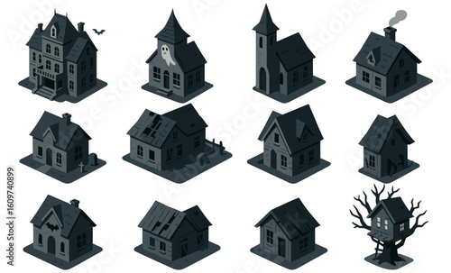 Gothic haunted houses set in monochrome isometric design for halloween themes