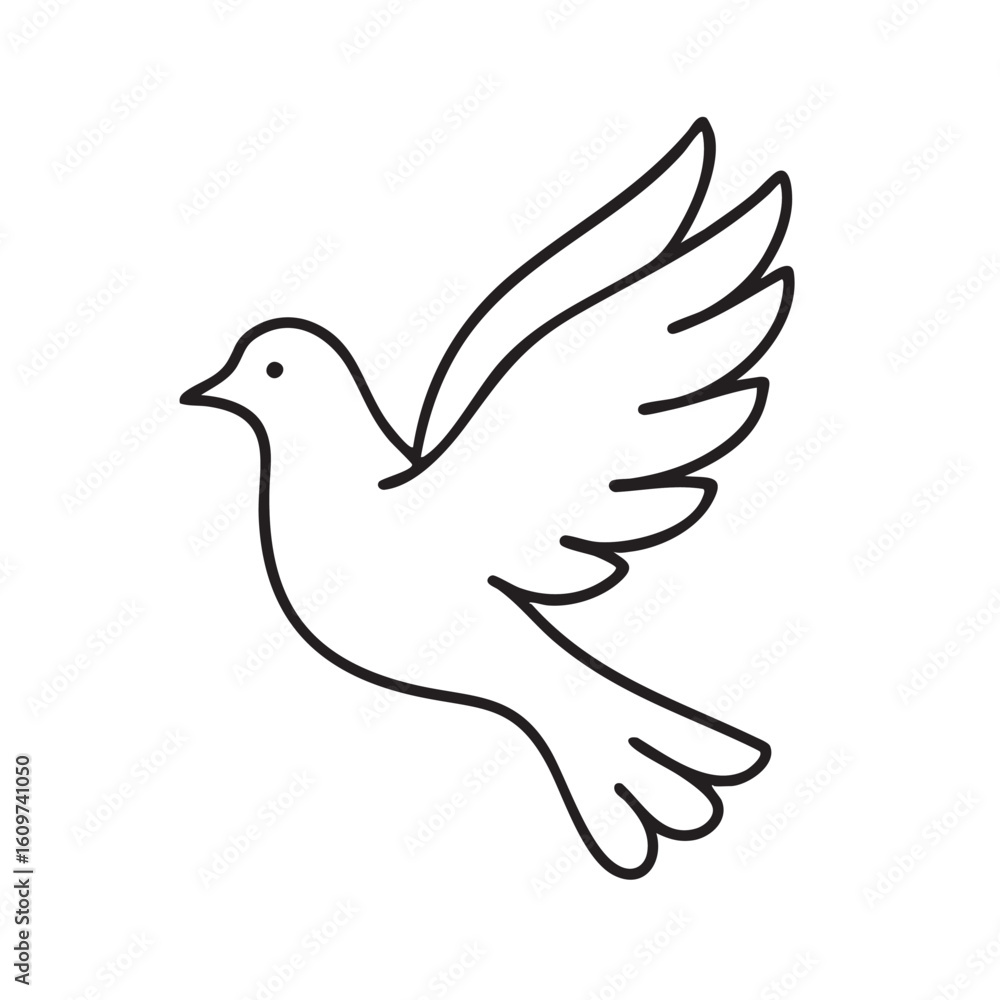Fototapeta premium Simple Black and White Line Art Illustration of a Dove in Flight with Spread Wings