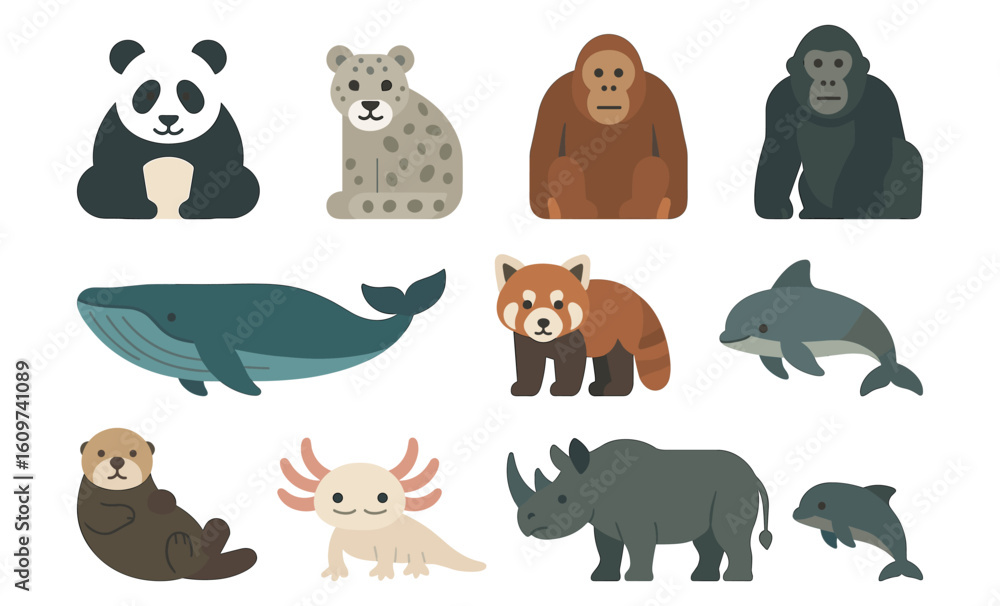 Obraz premium Cute animal set with panda, leopard, dolphin, and more in flat style