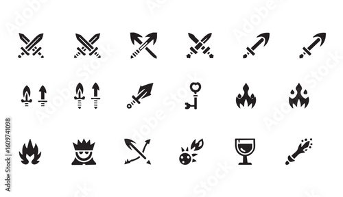 Game fantasy icon set, vector magic dungeon dragon RPG sign, medieval warrior avatar, fairytale sign. Knight battle sword, armour helmet, power weapon, witch hat, potion cauldron. Fantasy icon kit
