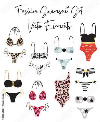 Illustration of a set of fashionable swimsuits on a white background.