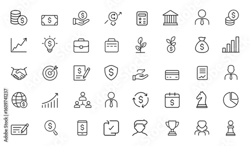 Editable stroke business icon set with finance symbols. Thin line money and business icon collection. Vector illustration, investment, economy, banking, finance, commerce and more.