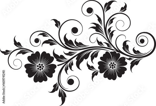 Elegant black floral scroll ornament with stylized flowers and swirling acanthus-style leaves.