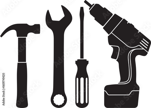 A collection of four black tool silhouettes: a claw hammer, wrench, screwdriver, and cordless power drill.