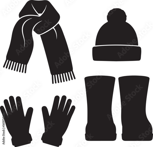 Black silhouette icon set of winter clothing: knotted scarf, pom-pom beanie, gloves, and boots.