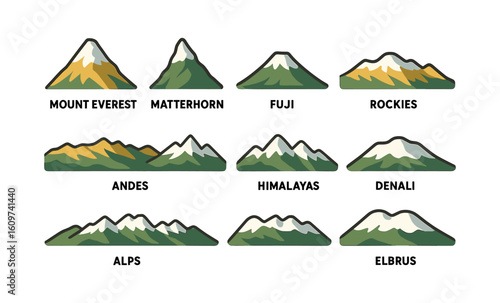 Icon set of famous mountain peaks featuring minimalist cartoon style