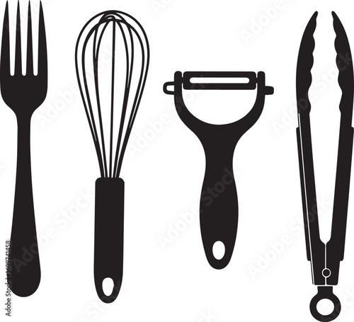 A collection of four essential kitchen utensils in black silhouette: fork, whisk, peeler, and tongs.