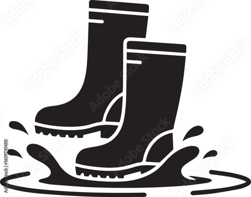 A pair of black rubber rain boots splashing in a puddle, a simple glyph icon.