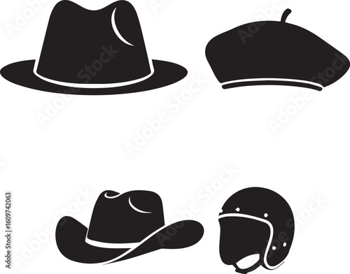 Collection of black headwear silhouettes, featuring a classic fedora, French beret, western cowboy hat, and a vintage helmet.