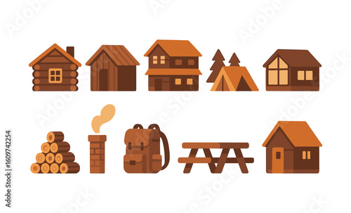 Rustic campground icons: cozy cabins, tents, and outdoor essentials in flat design