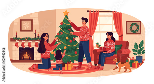 Family Decorates Christmas Tree Together Spreading Holiday Cheer