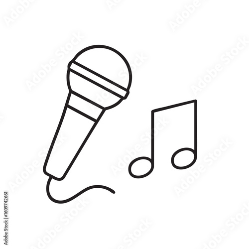 Simple Line Art Illustration of a Microphone and Music Note on a White Background minimalist