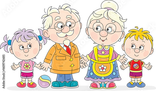 Happy grandma, grandpa, little grandson and granddaughter holding hands, vector cartoon illustration on a white background