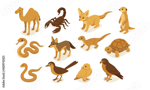 Charming collection of desert animals in cute isometric style on soft background