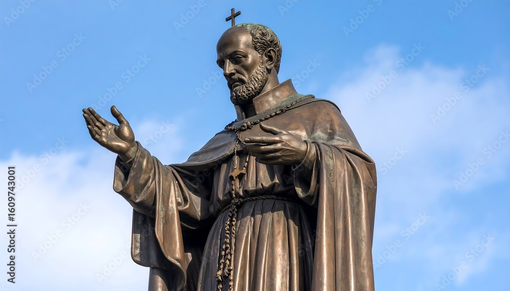 Obraz premium Bronze statue of a saint against a partly cloudy sky