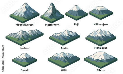 Isometric mountain icons featuring famous peaks and mountain ranges