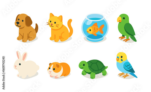 Adorable isometric pets collection: cats, dogs, birds, and more