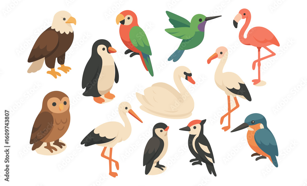 Obraz premium Diverse collection of birds in colorful flat design