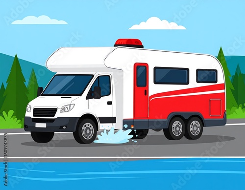 White campervan splashing water on a road near a lake