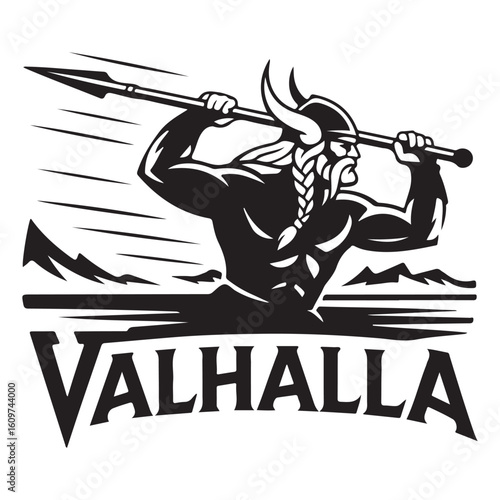 A black and white graphic of a viking warrior with valhalla text