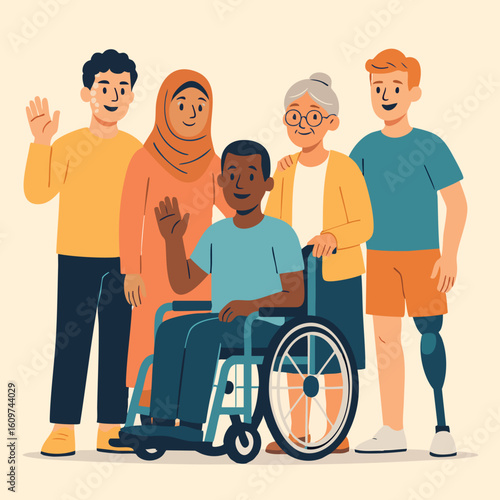 Diverse group of people with disabilities and hijab