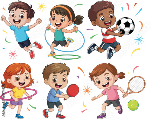 PrintChildren playing soccer, tennis, ping pong, jumping rope, and hula hoop, active outdoor fun, healthy lifestyle, cartoon sports illustration