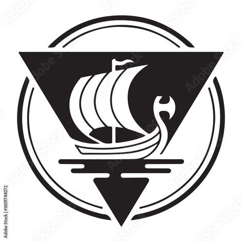 Black and white viking ship emblem with triangle and circle border