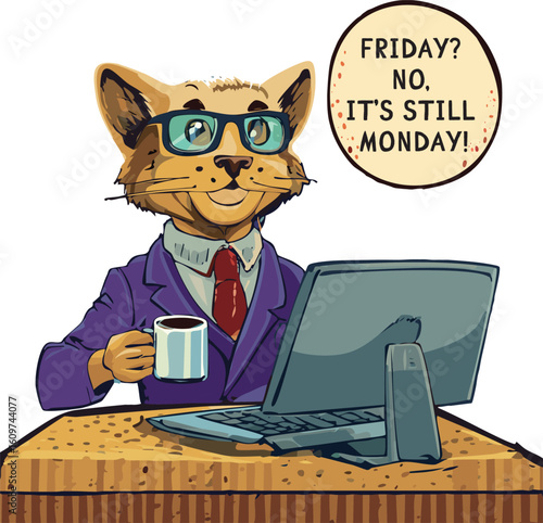 Funny office cat with coffee and text