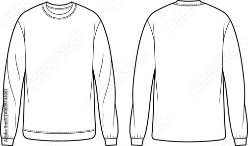 PrintClassic long-sleeve sweatshirt sketch, fashion design template, front and back view, apparel illustration, garment outline, clothing drawing for designers