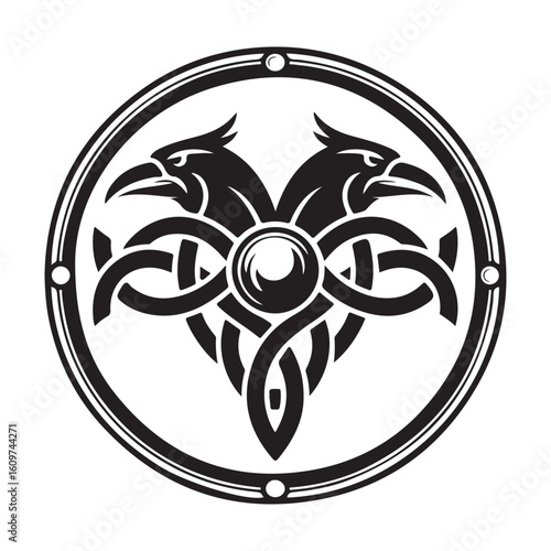 Two raven heads intertwined in celtic knot circle black and white
