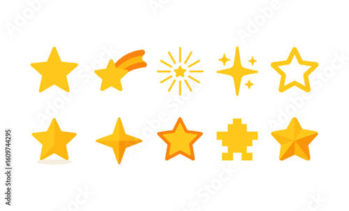 Variety of yellow star icons featuring flat and geometric designs for diverse uses